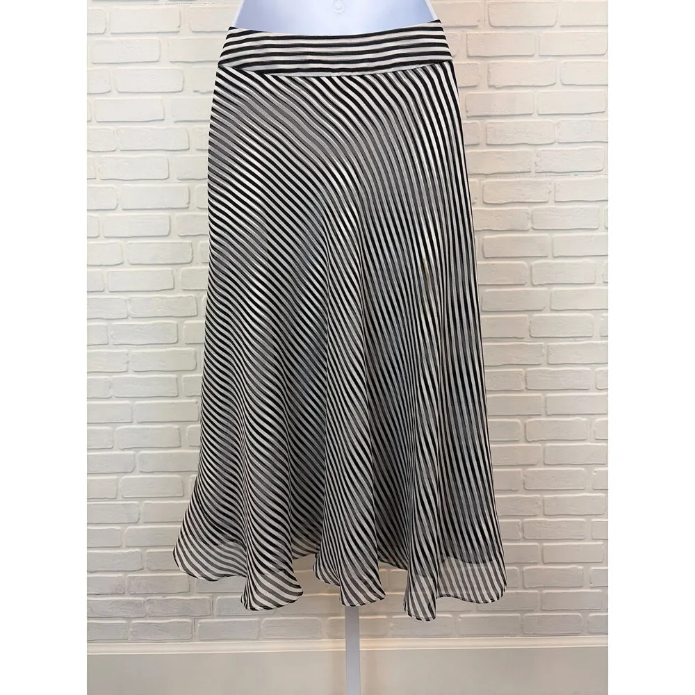 Anne Klein Silk Striped Midi Skirt Black White Bias-Cut Size 4